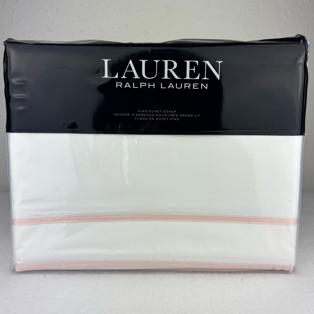 Ralph Lauren KING Duvet Cover Spencer Border Sateen Light Pink White Solid Blush